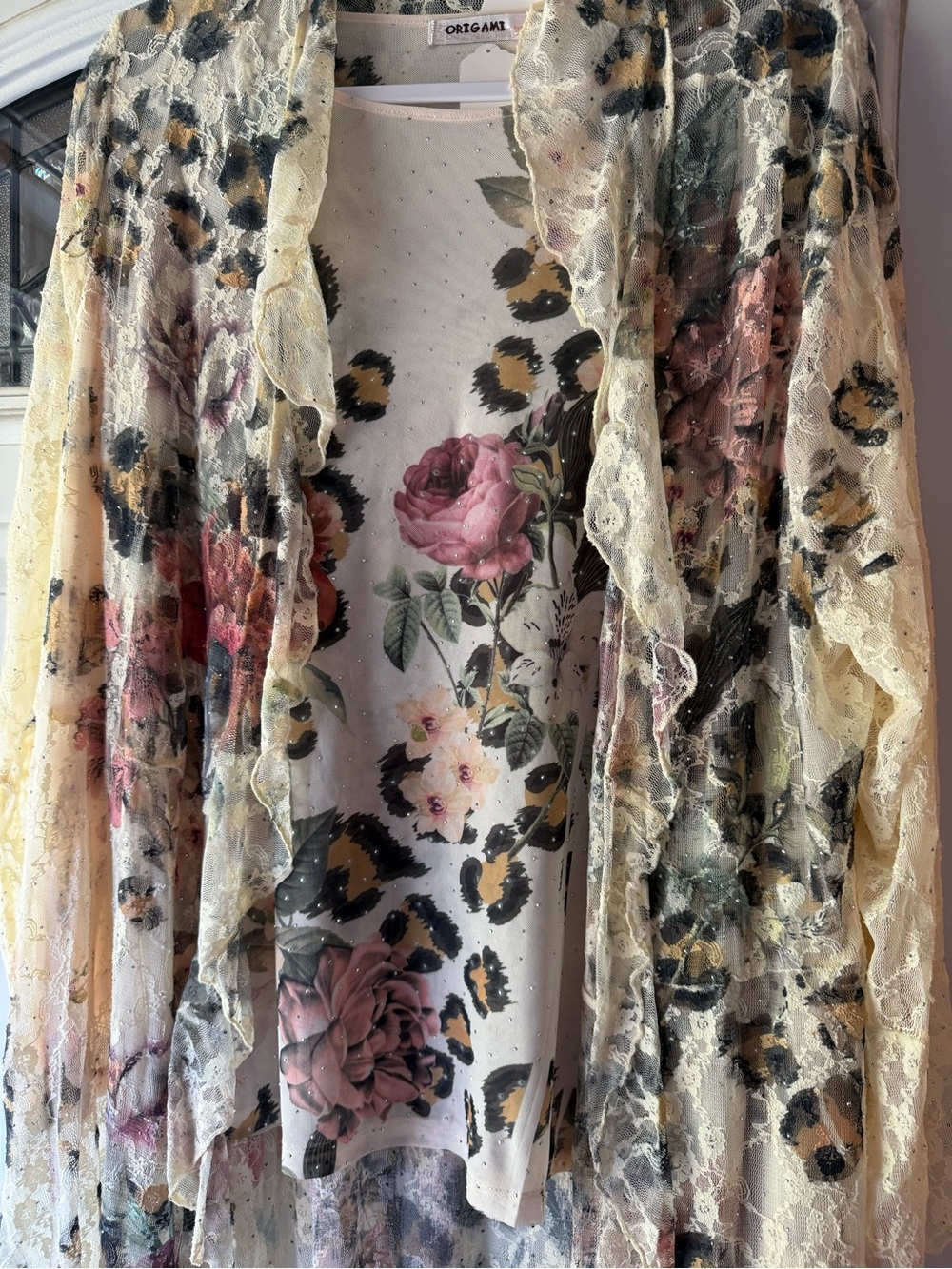 Origami New 2 Piece Set Floral Lace Longline Duster Cardigan & Mesh Top